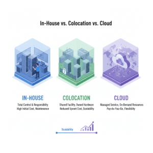 buatkan gambar grafik perbandingan 3 kolom In-House vs Colocation vs Cloud